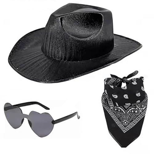 Generisch 3PCS Cowboy Kostüm Damen Cowboy Hut Rosa Cowboyhut Western Cowboy Hut Frauen Filz CowgirlHut Bandana Partybrille Accessoires Kopfbedeckung für Party Halloween Karneval Kostüm Kostümzubehör von Generisch