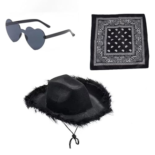 Generisch 3PCS Cowboy Kostüm Damen Cowboy Hut Rosa Cowboyhut Western Cowboy Hut Frauen Filz CowgirlHut Bandana Partybrille Accessoires Kopfbedeckung für Party Halloween Karneval Kostüm Kostümzubehör von Generisch