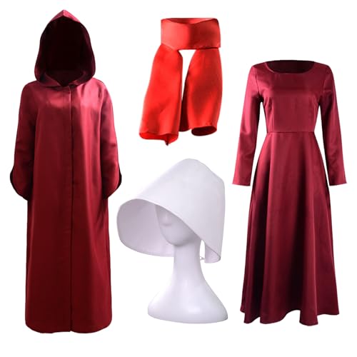 Generisch 4PCS Rot Magd Kostüm Roter Umhang mit Kapuze und Weißer Haube für Erwachsene Karneval Halloween Cosplay Costume Prop Outfit(2XL) von Generisch