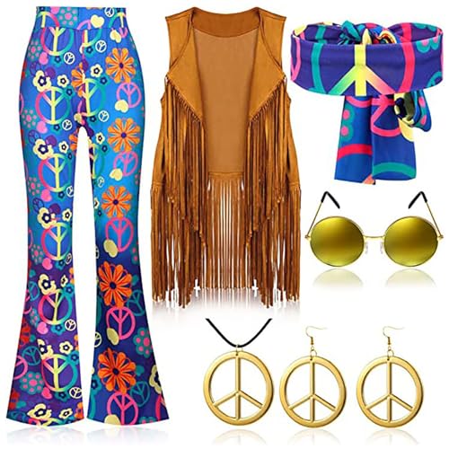 Generisch 60er 70er Jahre Hippie Kostüm Disco Outfits Fransenweste Boho Schlaghosen Frieden Zubehör Set Halloween für Frauen KarnevalskostümKostüM Damen von Generisch