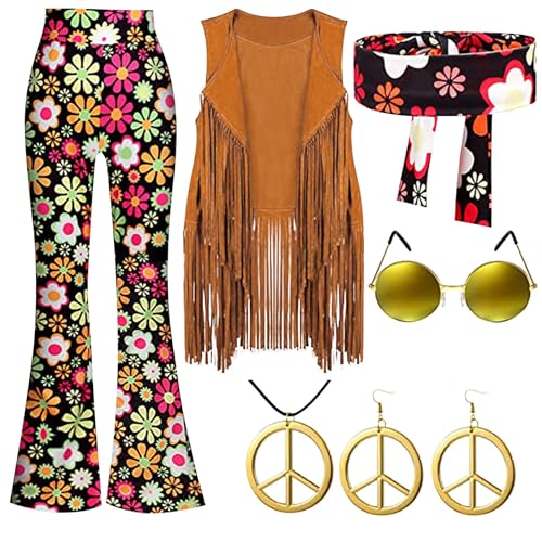 Generisch 6PCS 70er Jahre Bekleidung Damen Kleid Set, 60er Jahre Kostüm Damen, Hippie Kleidung Damen Kostüm, 60er 70er Jahre Kostüm Damen FaschingsKostüm Hippie Damen KostüM KarnevalkostüM von Generisch