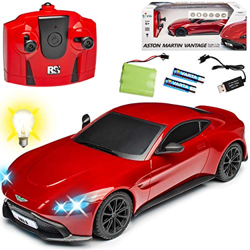 Generisch Aston Martin Vantage V8 Coupe Rot Ab 2017 2,4 GHz RC Funkauto mit Beleuchtung und Akkupack 1/14 Siva Modell Auto mit individiuellem Wunschkennzeichen von Generisch