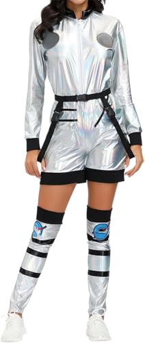 Generisch Astronauten Kostüm Damen,Astronaut Damen Karneval Kostüm Space Kostüm,Silber Astronaut Kostüm Overall Mit Brille,Weltall Kostüm Astronauten Overall Erwachsene Damen Für Cosplay Karneval von Generisch