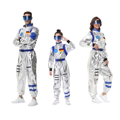 Generisch Astronauten Kostüm Damen Herren Kinder Space Kostüm Familie Set Outfits Faschingskostüme Overall Raumanzug Astronaut Brillen Cosplay Für Karneval Halloween(Damen) von Generisch