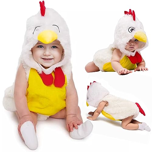 Generisch Baby-Hahn-Kostüm – Kleinkind-Halloween-Huhn-Kostüm Huhn Tier Kostüm Winter Fleece Kapuzen Strampler Bodys Kleidung für Mädchen und Jungen (Weiß, 12-18 Monate) von Generisch