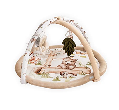 Generisch Baby Spielbogen mit Spieldecke Bär Teddy beige-braun, interaktive pädagogische Babyspielmatte ab der Geburt, Spielmatte für Babys, Activitydecke, Happy Bear, Wald, Forest von Generisch