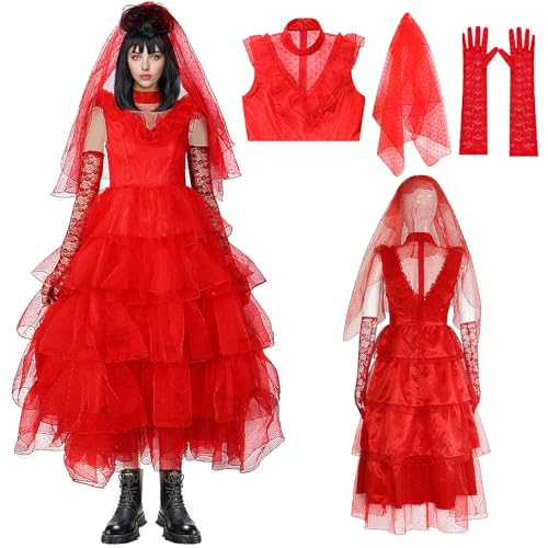 Generisch Braut Kostüm Weiblich Lydia Deetz Kleid mit Perücke Handschuhe Accessoires Damen Halloween Cosplay Outfit (Dress Set, 2XL) von Generisch