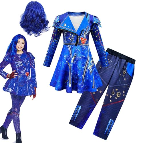 Generisch Blaues Descendant 4 Kostümkleid Für Mädchen, Blau Descendant Kostüm Mit Blau Perücke, Descendant Kostümkleid Mit Perücke, Kinder Cosplay Halloween Kostüme, Filmcharakter Verkleidung von Generisch