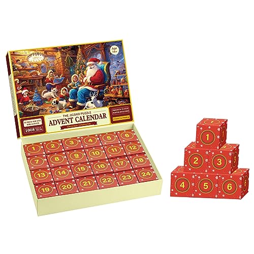 Generisch Bodenpuzzles 2023, Weihnachtspuzzles, 24-Tage-Countdown-Kalender, Weihnachtspuzzle, 1008 Teile, Puzzlespiel, Heimdekoration, Kinder Erwachsene Holzpuzzles (Red, One von Generisch