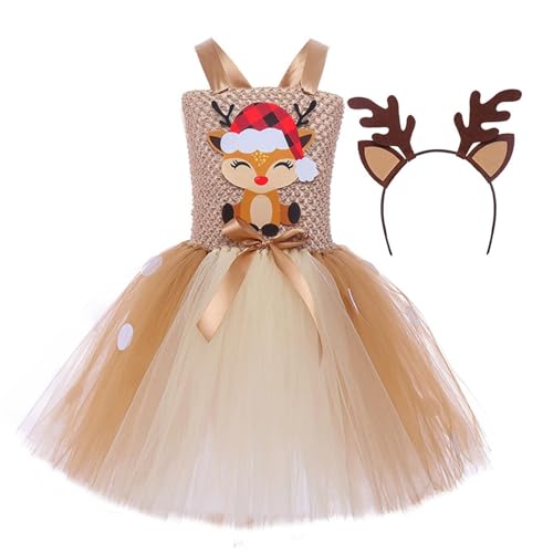 Generisch Christmas Reindeer Costume Dress for Girls, Tulle Elk Fancy Dress with Headband, Kids Christmas Cosplay Set for Ages 2-12 Years, Holiday Wear colorful von Generisch