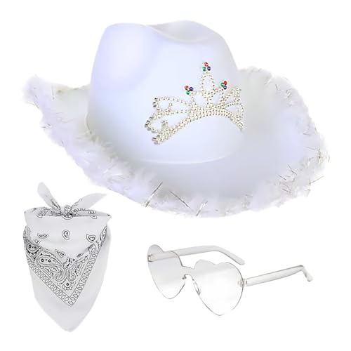 Generisch Cowboy Hut, 3 Stück Cowgirl Kostüm Set, Rosa Hut mit Feder, Partybrille, Rosa Bandana, Rosa Cowgirl-Hut, Damen Cowboyhut Filz, Cosplay Party Rosa Cowgirl Hut Damen Cowboy Hut Pink von Generisch