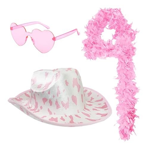 Generisch Cowboy Hut Damen 3 Stück Cowgirl Hut Filz Cowboyhut mit Herzbrille Rosa Federschal Damen Cowboy Hut Cowgirl Kostüm Cowgirl Kleid Kostüm Hippie Damen von Generisch