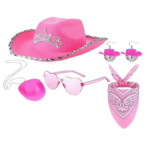 Generisch Cowboy Hut Damen Pinker Cowboyhut Cowgirl Hut Kostüm für Cosplay Karneval Halloween Fasching Party Breite Krempe Flauschig Feder Hut 70 Er Jahre Kleidung Damen Karneval Kleider Damen von Generisch