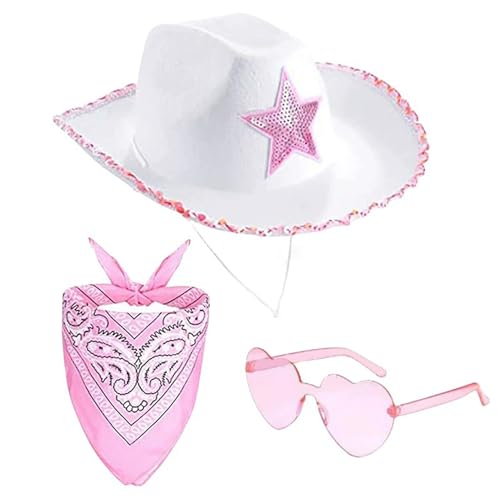 Generisch Cowboy Hut Damen Rosa 3PCS Western Filz Cowgirl Hut mit Bandana & Partybrille Accessoires für Halloween Karneval Kostümzubehör (F) von Generisch