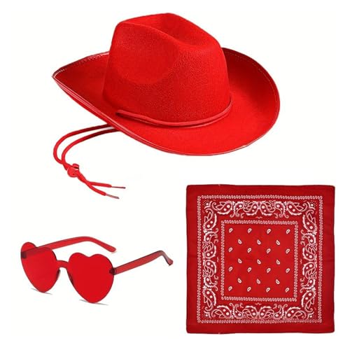 Generisch Cowboy Hut Damen Rosa 3PCS Western Filz Cowgirl Hut mit Bandana & Partybrille Accessoires für Halloween Karneval Kostümzubehör (J) von Generisch