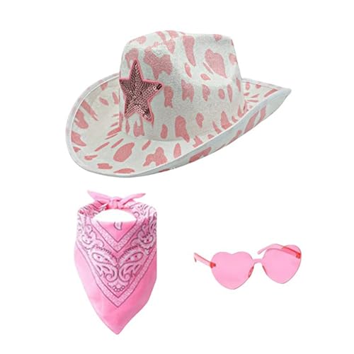 Generisch Cowboy Hut Damen Rosa 3PCS Western Filz Cowgirl Hut mit Bandana & Partybrille Accessoires für Halloween Karneval Kostümzubehör (K) von Generisch