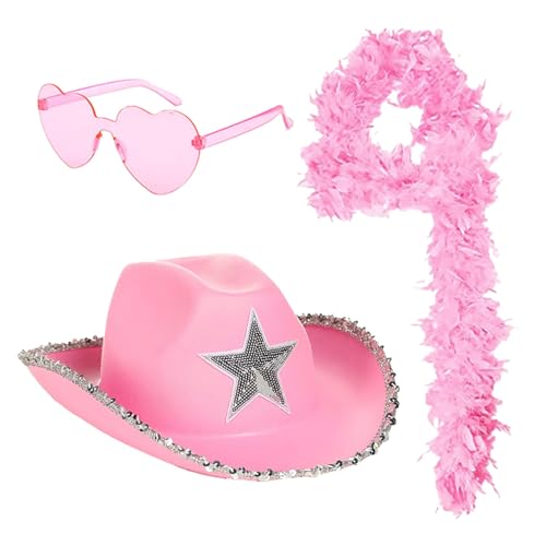 Generisch Cowboy Hut und Partybrille Herzbrille Cowgirl Hut Kostüm Accessoires für Erwachsene Rodeo Wilder Westen Kostü Karneval Mottoparty Halloween Party Pinker Cowboyhut Karneval Damen von Generisch