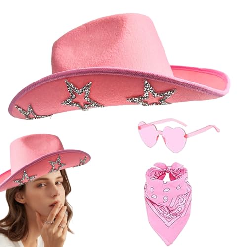 Generisch Cowboy Kostüm Damen, Cowgirl-Hut Für Party, Strass-Quasten-Cowboyhut, Strass Cowboyhut 3-teiliges Set, Western-Cowboy-Hut-Set Mit Kopftuch, Kostüm Zubehör, 3-teiliges Set Für Damen von Generisch