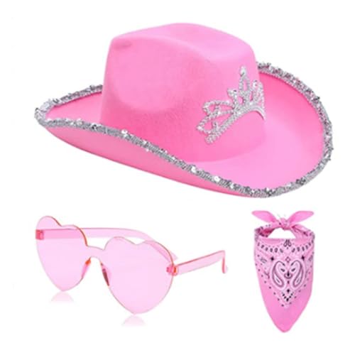 Generisch Cowboyhut für Damen, Erwachsene, einfarbig, pelziger Rand, breite Krempe, Cowboyhüte mit Federn für Verabredung, Party, Tanz, Rosa Cowboy Damen Pink KostüM Warm von Generisch