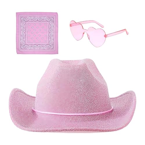 Generisch Cowgirl-Hut für Damen, Cowgirl-Partyhüte,Party Kopfbedeckung Cowgirl Hut - 3 glitzernde Hüte mit Bandana und Brille, verstellbarer Westernhut mit Kordelzug, Western-Kostümzubehör von Generisch