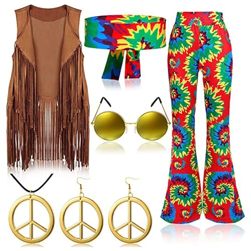 Generisch Damen Hippie-Hosen-Set, Hippie-Kostüm Damen mit Hippie-Weste, Hippie-Hosen, Hippie-Brille und Hippie-Accessoires für Halloween, 70er-Jahre-KostümTüLlrock Bunt von Generisch