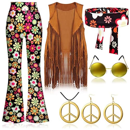 Generisch Damen Hippie-Hosen-Set, Hippie-Kostüm Damen mit Hippie-Weste, Hippie-Hosen, Hippie-Brille und Hippie-Accessoires für Halloween, 70er-Jahre-KostümWarme KostüMe Damen von Generisch