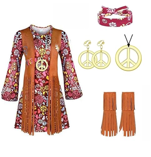 Generisch Damen Hippie Kostüm Karneval Kostüm Damen Braun Hippie Weste 60er 80er 70er Jahre Bekleidung Damen Mit Hippie Faschingskostüm Hippie Accessoires Hippie Outfit Faschingskostüm Mädchen Rot XS von Generisch