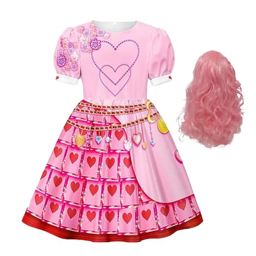 Generisch 4 Kostüm Mädchen Rosa Outfit mit rosa Perücke, Halloween Kostüm Cosplay Mädchen Descendant Kleid Fancy Birthday Party Prinzessin Dress Up Halloween Cosplay Outfit von Generisch