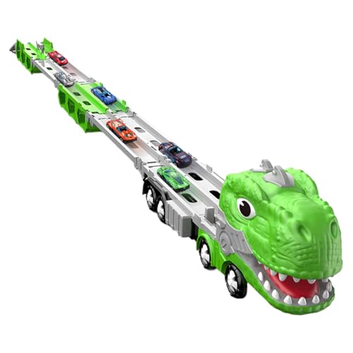 Generisch Dinosaur Hauler Truck Toy, Transforming Dinosaur Carrier with Handle, Foldable Race Track, 2-Player Mode, 12 Die-Cast Racing Cars, 42x11.5x18cm, Green & Yellow, 1 Set von Generisch