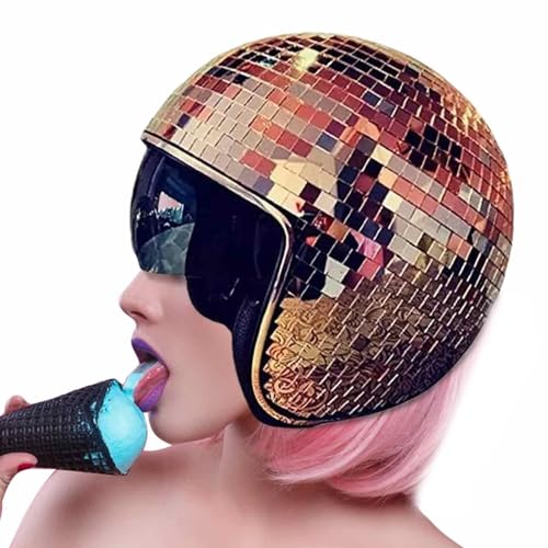 Generisch Discokugel-Hüte - Disco-Spiegel-Glitzerball-Helme Mit Einziehbarem Visier, Silberfarbener Glitzer-Spiegelglas-Diskokugel-Huthelm Für Frauen Und Männer DJ Club Bühne Bar Hochzeit von Generisch