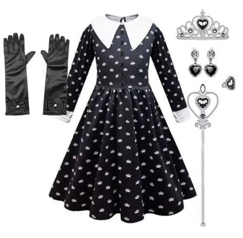 Generisch Elegantes Halloween Mädchenkostüm - Schwarzes Prinzessinnen-Kleid mit Totenköpfen, Krone, Zepter, Handschuhe und Schmuck-Set für Kinder (120) von Generisch