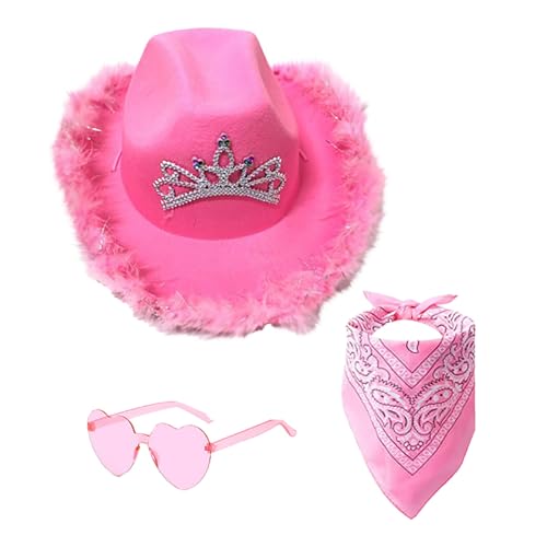 Generisch Filz Cowboyhut Damen Flauschig mit Federn Krempe Tiara Cowgirl Kostüm Hut Erwachsene Halloween Kostüme Karneval Partyhut Hippie ZubehöR Damen FaschingskostüMe FüR Gruppen von Generisch