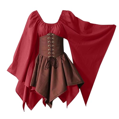 Generisch Gothic Kleidung Damen Trompetenärmel Lange Karneval Corsagenkleid Gesmokt Vintage Kostüm Halloween Schulterfrei Kleid A-Linie Steampunk Renaissance Hohe Taille Trachten Kleider von Generisch