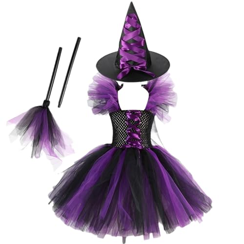 Generisch Halloween Hexenkostüme Für Mädchen, Kleinkind Hexenkostüm Set Mit Hexenhut Und Besen, Lila Kinder Hexenkostüm Kostümparty Cosplay Outfit, Als Halloween Kostümzubehör von Generisch