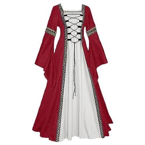 Generisch Halloween Kostüm Damen Gesmokt Lange Renaissance A-Linie Kleidung Trompetenärmel Steampunk Karneval Trachten Maxikleid Gothic Viktorianisches Corsagenkleid Cosplay Vintage Kleider von Generisch