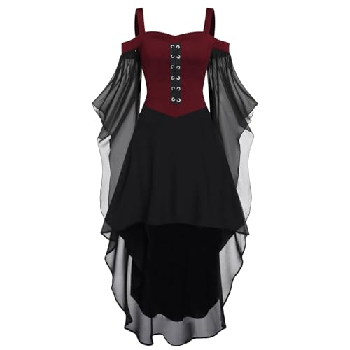 Generisch Halloween Kostüm Damen Gothic A-Linie Kleid Lange Steampunk Maxikleid Schulterfrei Kurzarm Renaissance Vintage Viktorianisches Kleider Mittelalterlich Karneval Trachten Corsagenkleid von Generisch