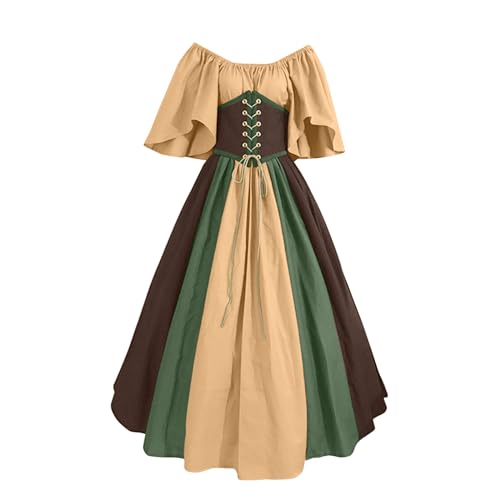 Generisch Halloween Kostüm Damen Kurzarm A-Linie Corsagenkleid Steampunk Mittelalterlich Kleid Hohe Taille Trachten Karneval Gothic Kleider Cosplay Renaissance Trompetenärmel Schulterfrei Maxikleid von Generisch