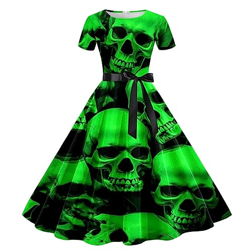 Generisch Halloween Kostüm Damen Rundhalsausschnitt Halloween Schädel Gedruckt Langärmeliges Kleid mit Krawatte Gürtel Cosplay Kostüm Halloween Kleidung Vintage Festival Kleid von Generisch