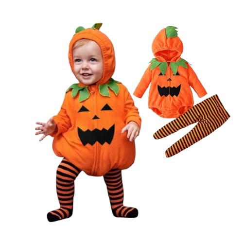 Generisch Halloween Kürbiskostüm, Halloween Baby Kleidung Jungen Mädchen Pumpkin Body Overall Pumpkin Top Outfit Kostüm Strampler Bodysuit Jumpsuit Sets für Neugeborenes 0-24 Monate von Generisch