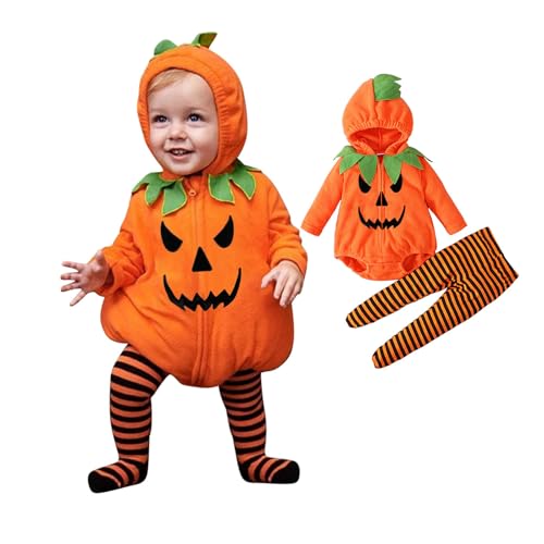 Generisch Halloween Kürbiskostüm, Halloween Baby Kleidung Jungen Mädchen Pumpkin Body Overall Pumpkin Top Outfit Kostüm Strampler Bodysuit Jumpsuit Sets für Neugeborenes 0-24 Monate von Generisch