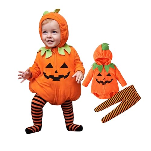 Generisch Halloween Kürbiskostüm, Halloween Baby Kleidung Jungen Mädchen Pumpkin Body Overall Pumpkin Top Outfit Kostüm Strampler Bodysuit Jumpsuit Sets für Neugeborenes 0-24 Monate von Generisch