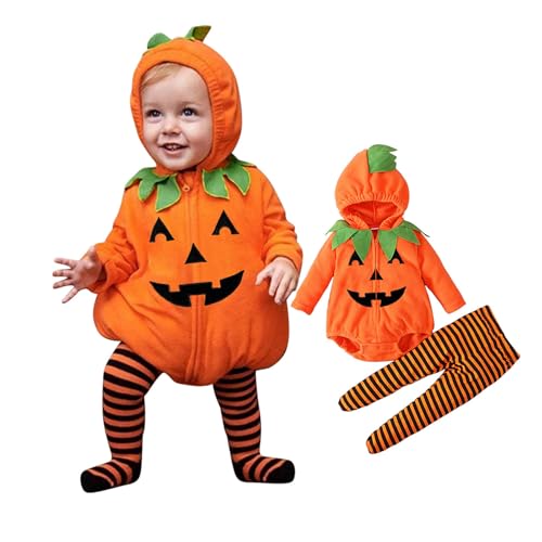 Generisch Halloween Kürbiskostüm, Halloween Baby Kleidung Jungen Mädchen Pumpkin Body Overall Pumpkin Top Outfit Kostüm Strampler Bodysuit Jumpsuit Sets für Neugeborenes 0-24 Monate von Generisch