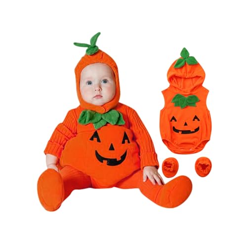 Generisch Halloween Kürbiskostüm, Halloween Baby Kleidung Jungen Mädchen Pumpkin Body Overall Pumpkin Top Outfit Kostüm Strampler Bodysuit Jumpsuit Sets für Neugeborenes 0-24 Monate von Generisch