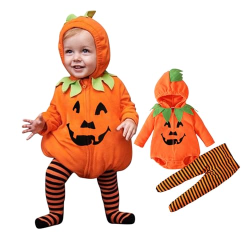 Generisch Halloween Kürbiskostüm, Halloween Baby Kleidung Jungen Mädchen Pumpkin Body Overall Pumpkin Top Outfit Kostüm Strampler Bodysuit Jumpsuit Sets für Neugeborenes 0-24 Monate von Generisch