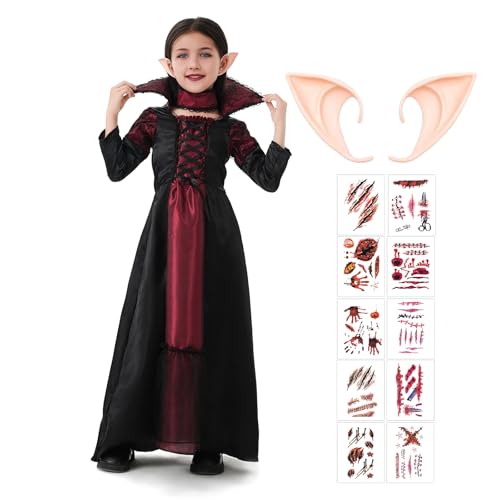 Generisch Halloween vampir kostüm mädchen, halloween kostüm kinder vampir mädchen, Inklusive vampir kleid,Vampir Ohren und Halloween Tattoos, halloween kostüm mädchen für Karneval party von Generisch