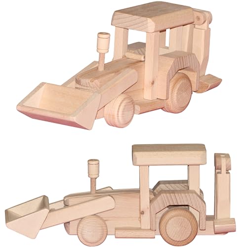 Generisch Handgemachter Holzbagger - Kinderbagger aus Holz - Unlackiert und Bemalbar - 25x8x11cm Buchenholz - Bagger Spielzeug ab 3 Jahren - Baustellenfahrzeuge für Kinder von Generisch