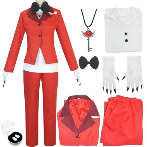 Generisch Hazbin Hotel Red Charlie Morningstar Cosplay-Kostüm mit Perücke, Halskette und Zähnen, Handschuhen, Halloween-Set (Red, Large) von Generisch