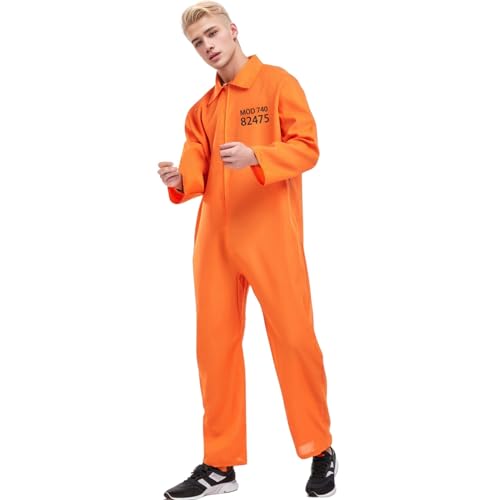 Generisch Herren Gefangener Kostüm Insasse Jailbird Sträfling Orange Overall Häftling Kostüm Prisoner Fancy Dress Costume Insasse Mottoparty Karneval von Generisch