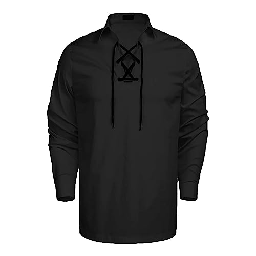 Generisch Herren Mittelalter Hemd Viking Kostüm Schnürhemd Renaissance Viktorian Steampunk Piraten Hemd,Stehkragen Langarm mit Schnürung Schottisch Ghillie Kilt Shirt von Generisch