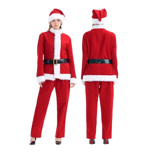 Generisch Herren Weihnachtsmann Kostüm Damen Nikolauskostüm für Erwachsenen Weihnachten Party Kostüme Karneval Club Bühnenkleid Kostüme Weihnachtskostüme mit Oberteil Hose Gürtel Weihnachts Hut von Generisch